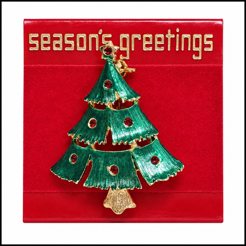 Vintage Christmas Tree Brooch Pin Green Enamel Red Rhinestones Gold Tone New